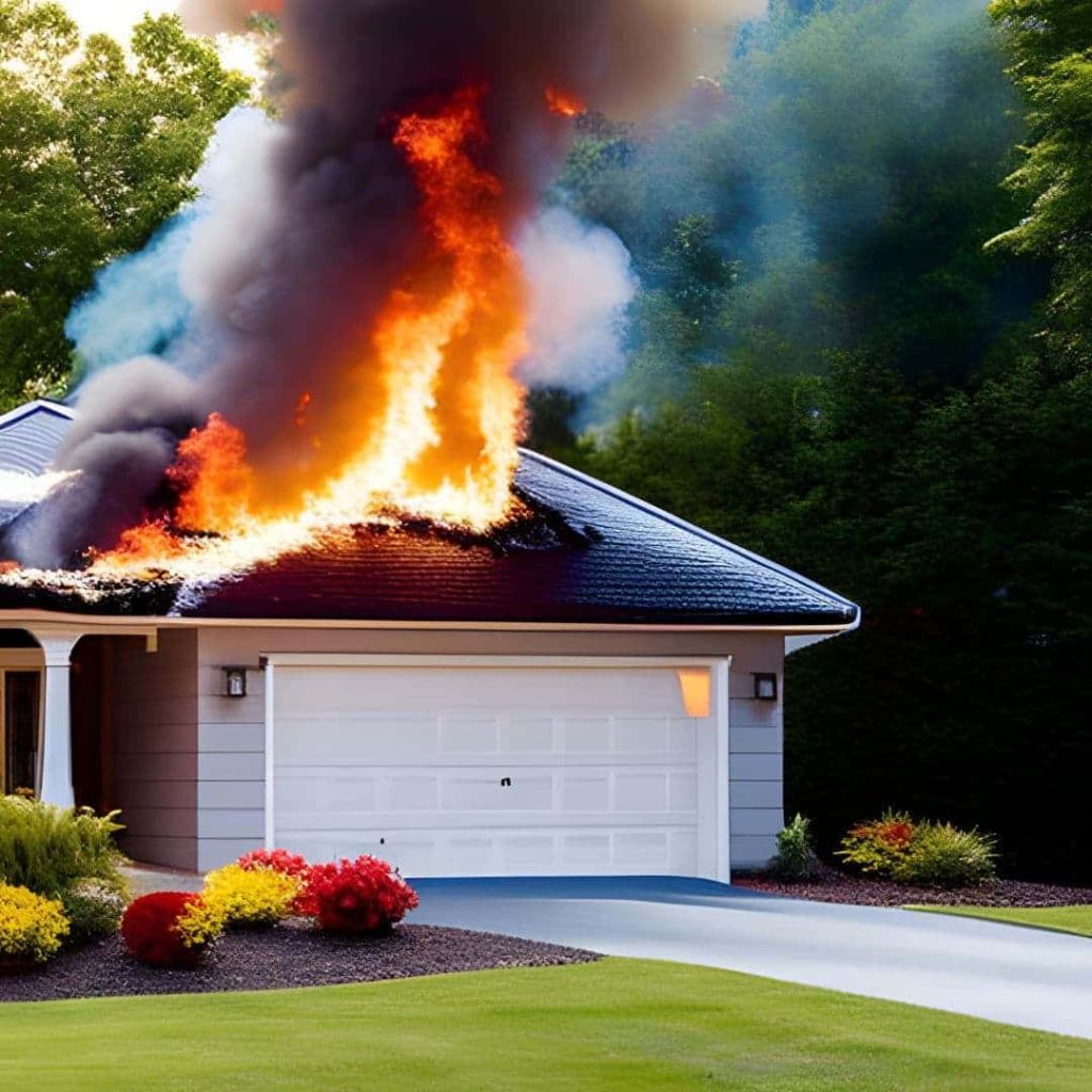 A picture of a house on fire. We provide board-up services following fires.