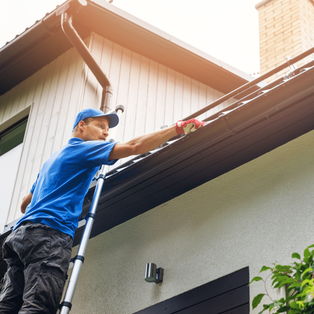 An image of a man on a ladder cleaning his gutters to prevent a flooded home