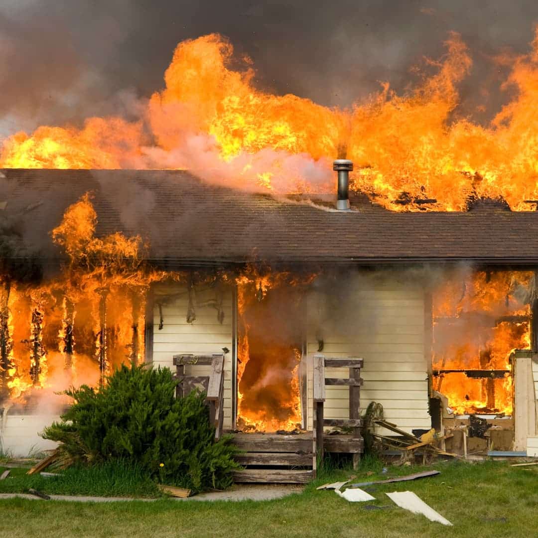 House fire with flames and smoke