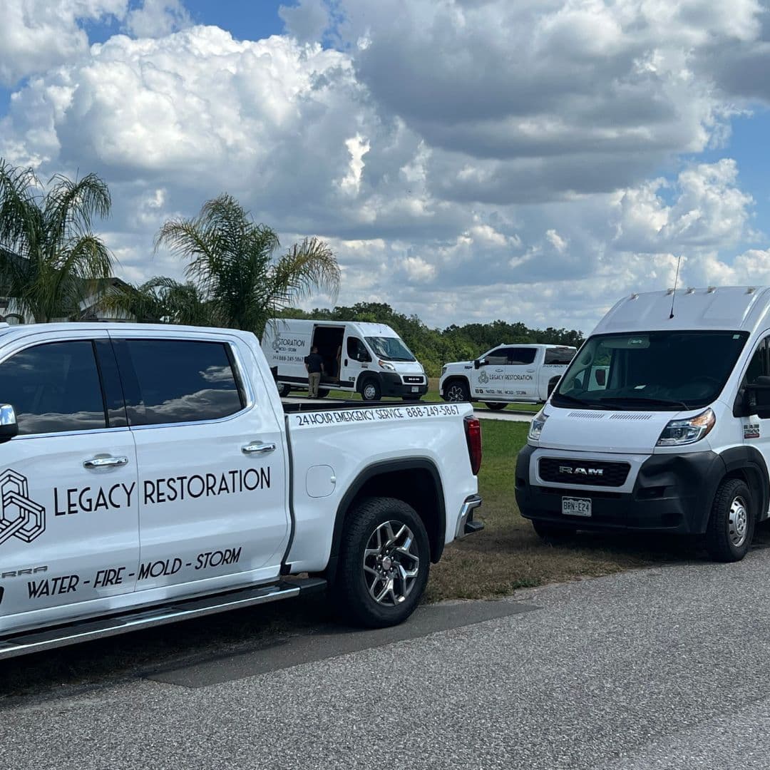 Legacy Restoration service trucks parked outdoors