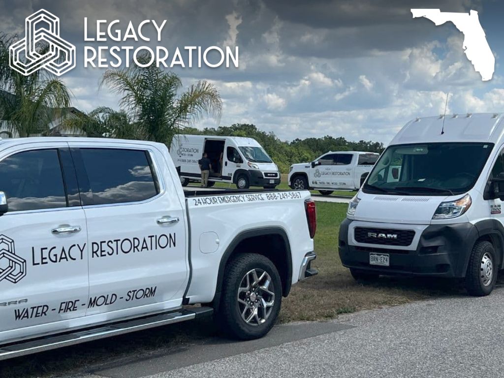 Legacy Restoration service trucks parked outside