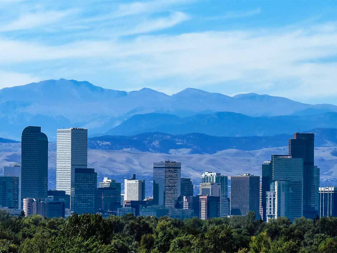 Denver skyline with mountains in background