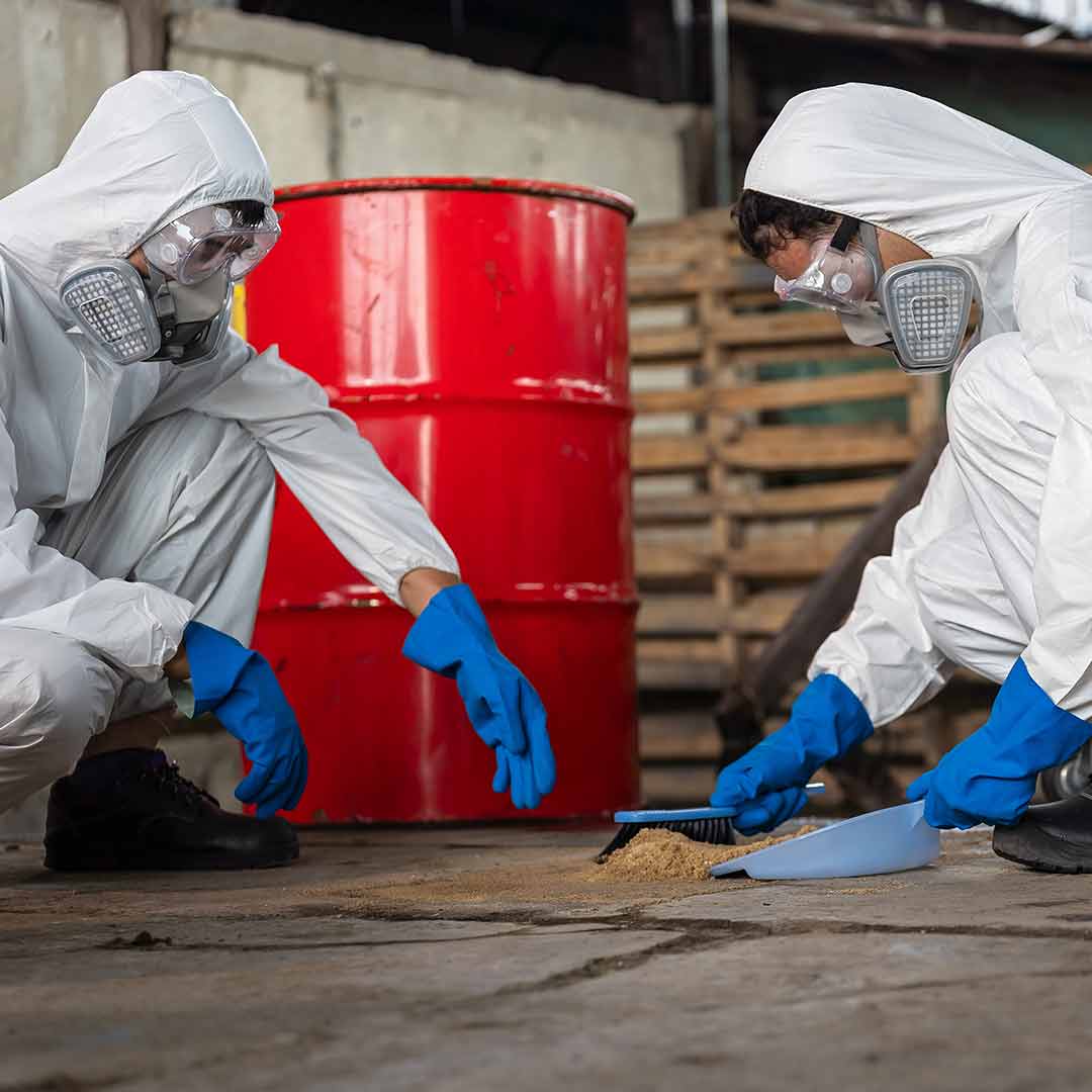 Hazmat team handling hazardous material barrel