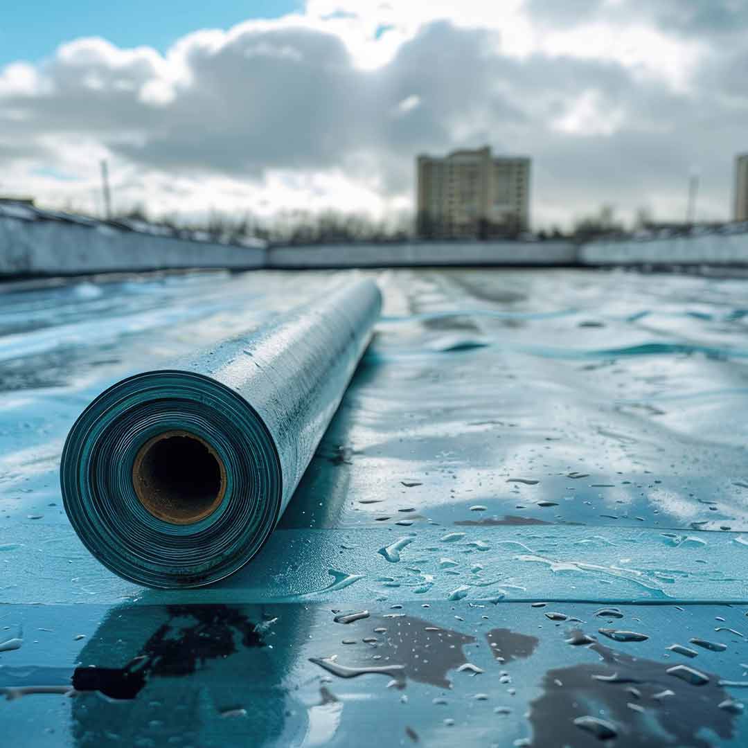 Rolled blue tarp on commercial rooftop