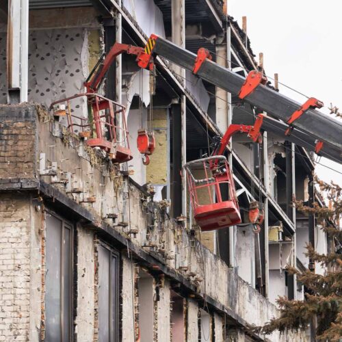 Fire-damaged building exterior
