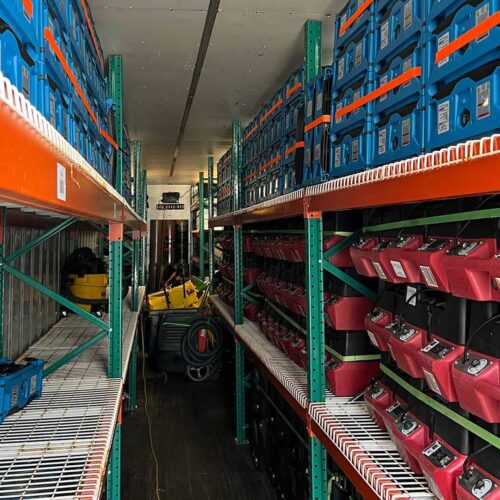 Truck shelves stocked with restoration equipment