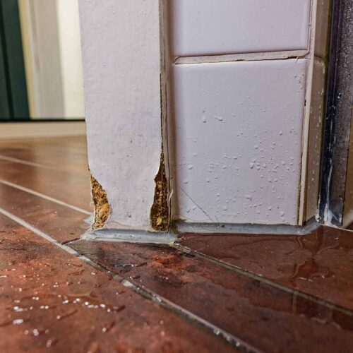 Water damage around interior doorway and baseboard