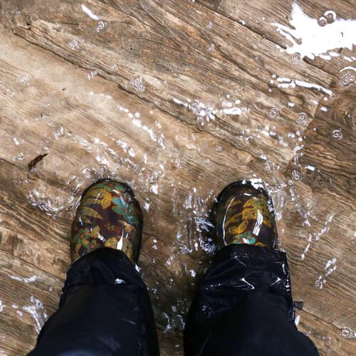 Standing water on hardwood floor showing indoor flood damage and water intrusion