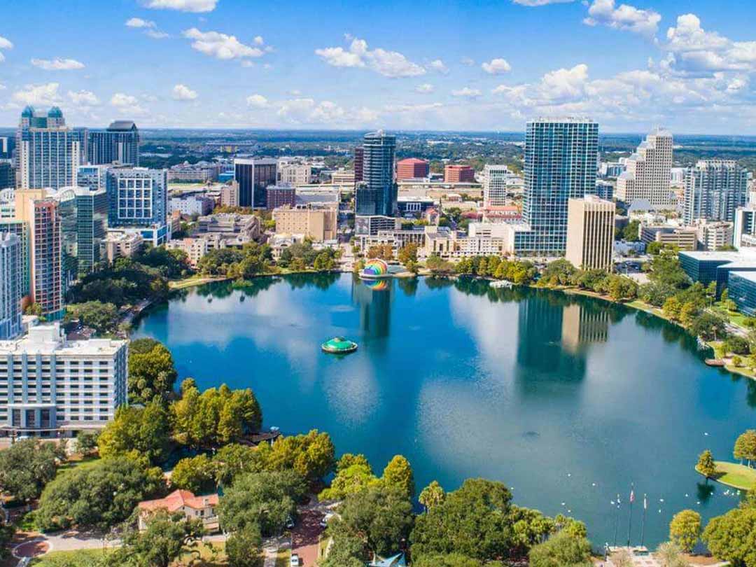 Aerial view of Orlando waterfront city skyline