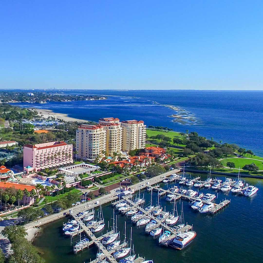 St Petersburg FL waterfront skyline with marina and coastal buildings